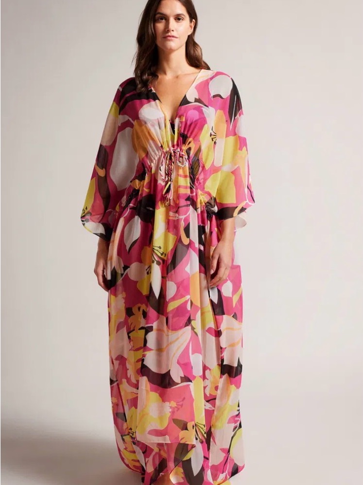 Ted Baker Lucenaa Vibrant Pink Floral Belted Maxi Caftan Dress Swim Cover Up Szm